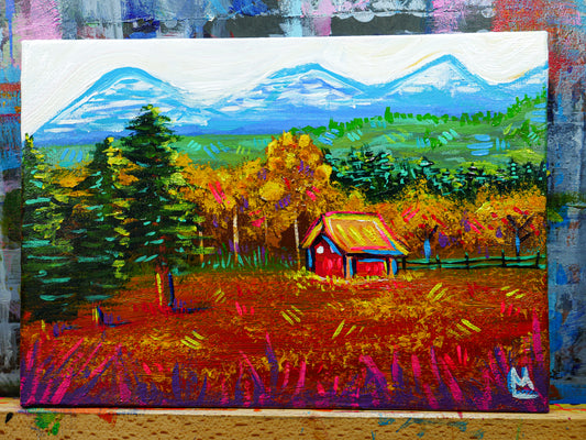 5x7 inch Cabin Ranch Landscape Original Acrylic Painting