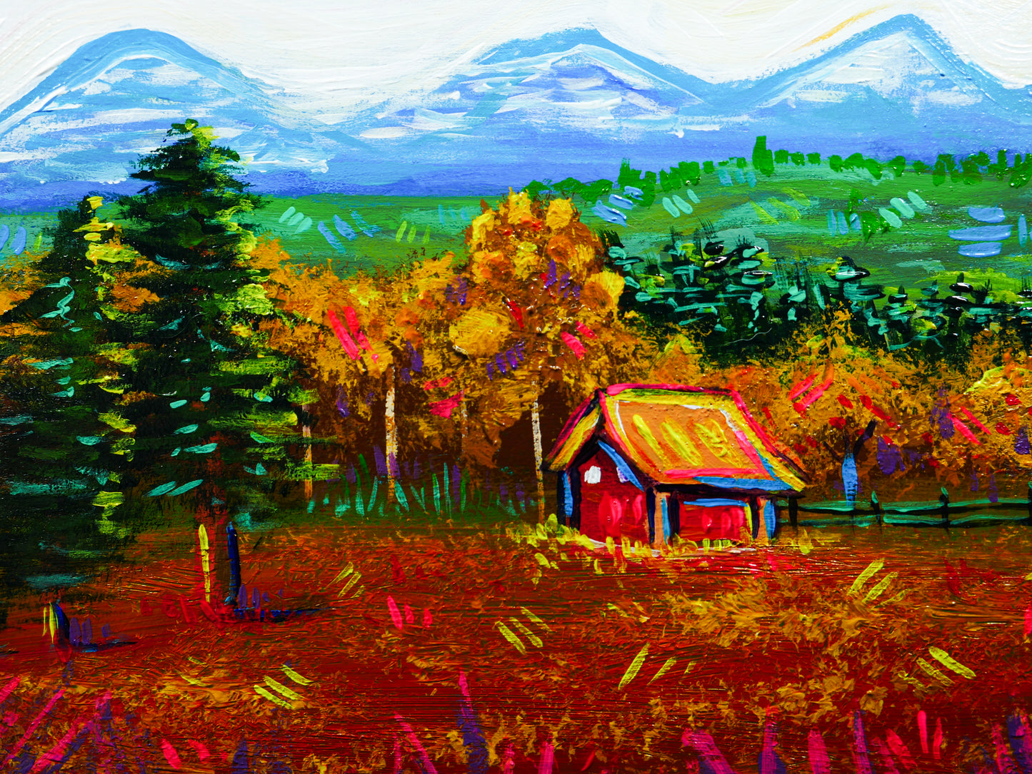 5x7 inch Cabin Ranch Landscape Original Acrylic Painting