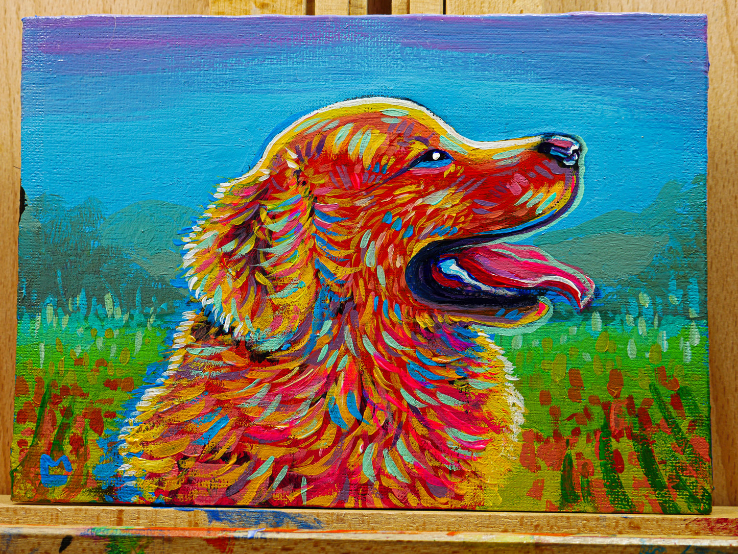 5x7 inch Colorful Golden Retriever Original Acrylic Painting