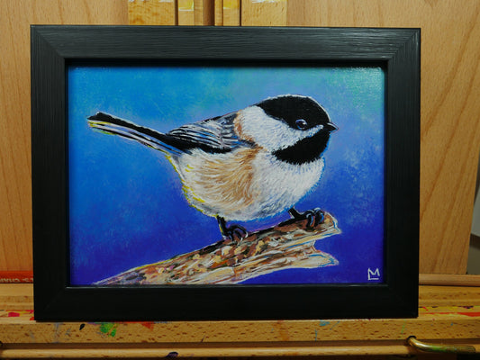 Chickadee's Perch: Original 5x7 Inch Bird in Tree Painting - Aesthetic Apartment Wall Decor, Original Acrylic on Canvas