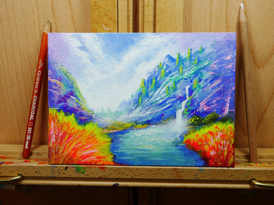 Just Outside Whiterun | 5x7 Inch Abstract Landscape Painting - Canvas Wall Art, Mini Canvas Painting, Forest Wall Art, Nature Painting