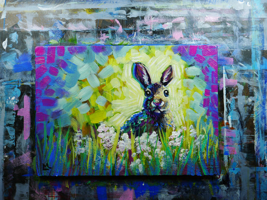 5x7 inch Rabbit in a Field Original Acrylic Painting