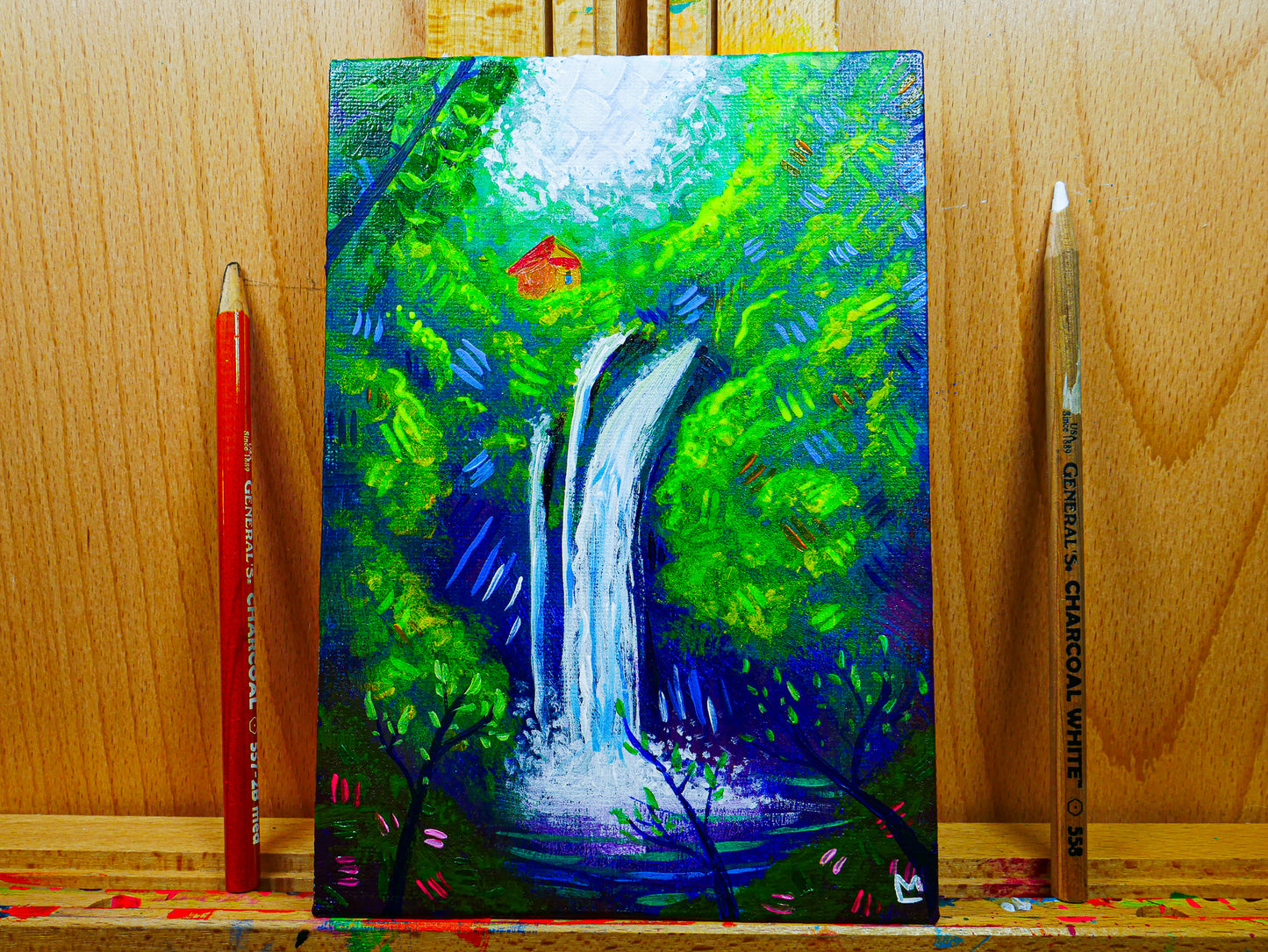 5x7 inch Jungle Waterfall Original Acrylic Painting