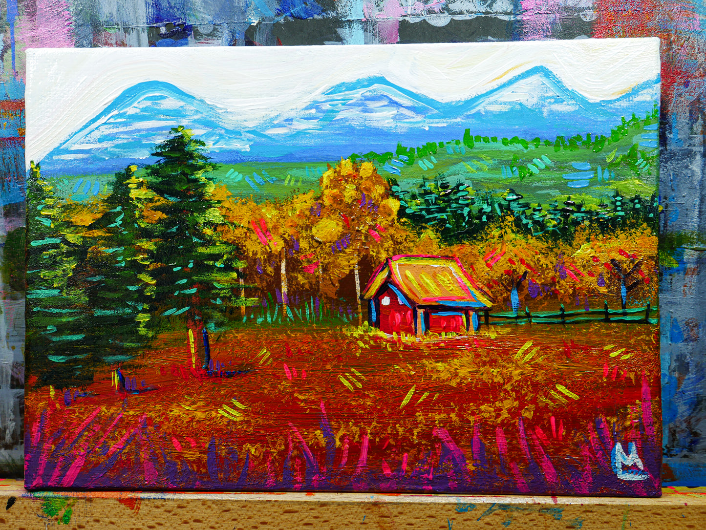 5x7 inch Cabin Ranch Landscape Original Acrylic Painting