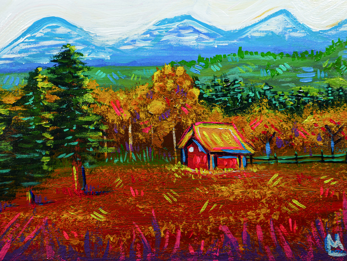 5x7 inch Cabin Ranch Landscape Original Acrylic Painting