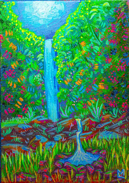 5x7 inch Mystical Jungle Waterfall Original Acrylic Painting