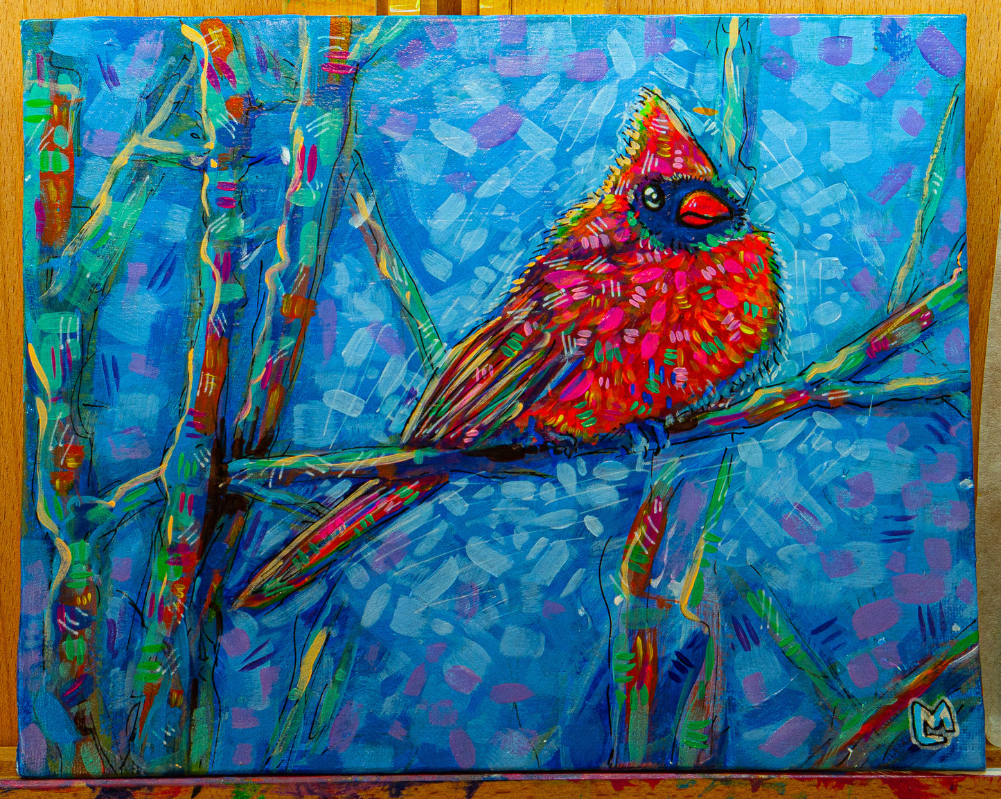 8x10 inch Playful Colorful Cardinal Original Acrylic Painting