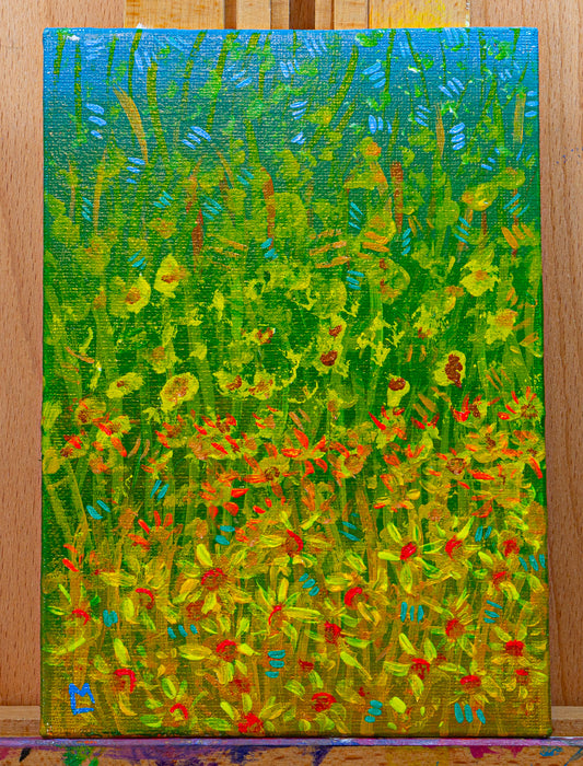 5x7 inch Colorful Yellow Flower Meadow Original Acrylic Painting