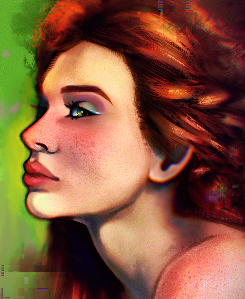 Artistic depiction of a woman's profile with vibrant colors