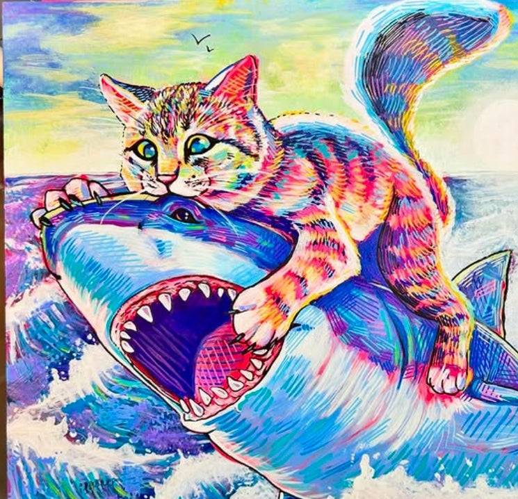 Colorful illustration of a cat riding a shark with a vibrant background