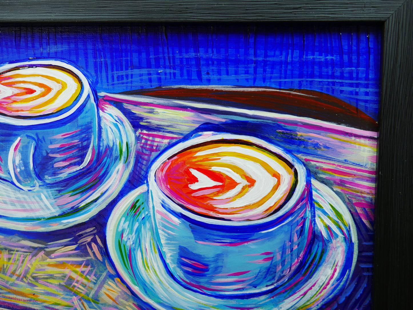 Morning Brew: Vibrant 5x7 Inch Still Life Coffee Mugs Painting, Acrylic Food Canvas Art