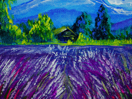 Lavender Retreat: 5x7 Inch Landscape Painting, Abstract Home & Field Canvas Art, Small Wall Decor