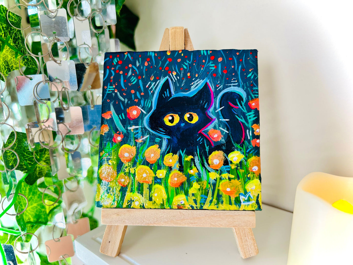 Black Cat with Flowers Mini Canvas Painting | Trippy & Funky Colors Art for Apartment Decor"