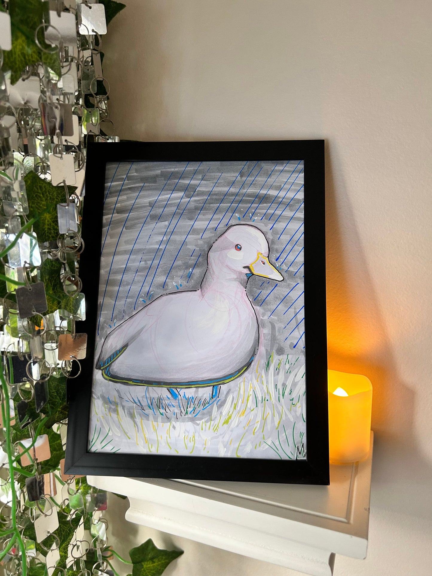 Adorable Monochromatic Duck: Framed 5x7 inch Copic Marker Original Drawing - Cute Home Decor