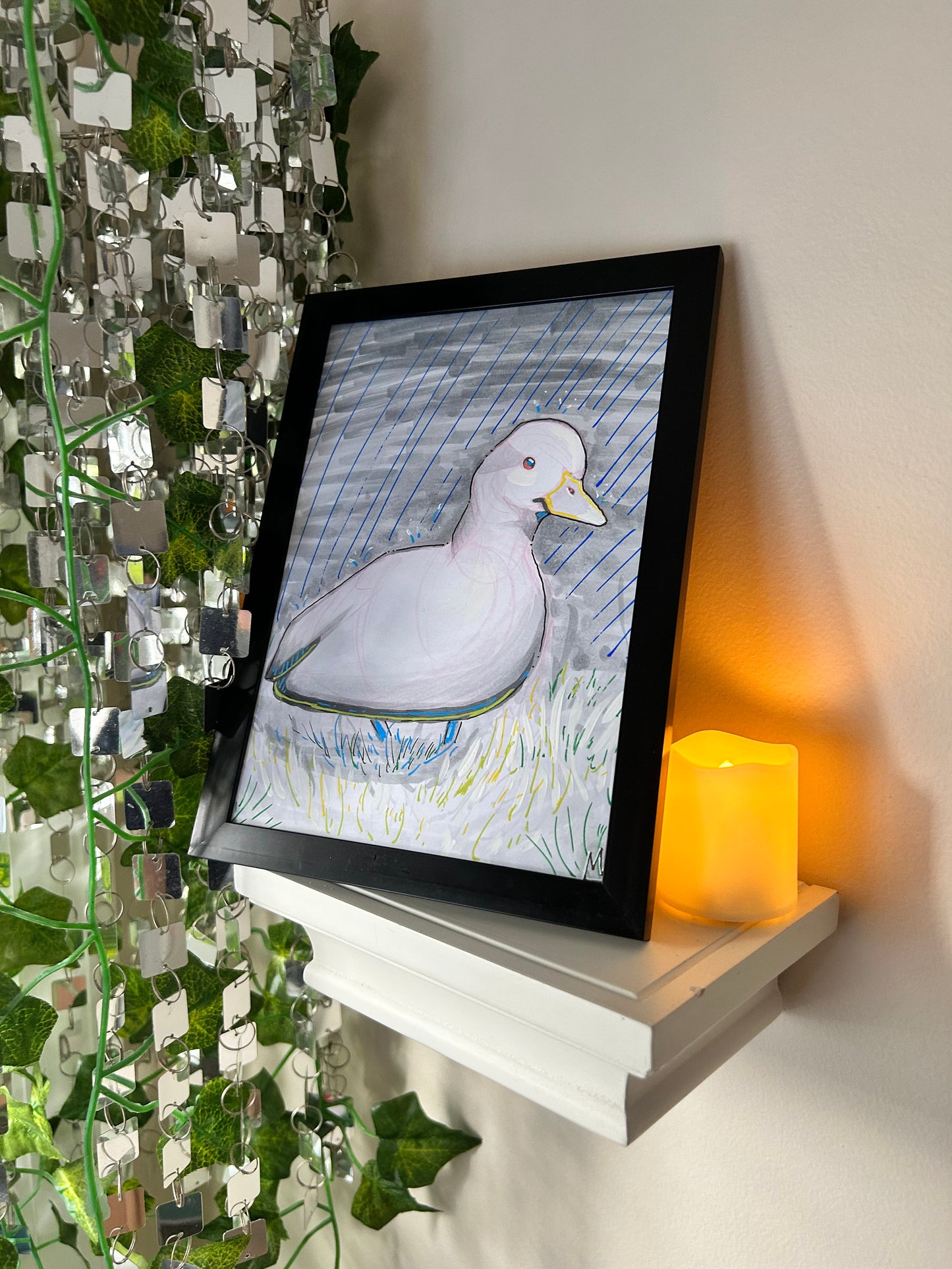 Adorable Monochromatic Duck: Framed 5x7 inch Copic Marker Original Drawing - Cute Home Decor