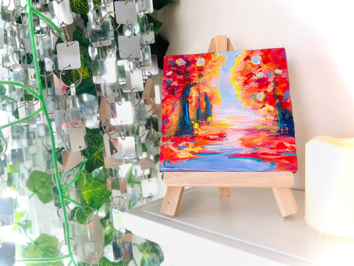 Enchanted Fall Autumn Forest Handmade Mini Canvas Painting with Stand | Funky Nature Landscape
