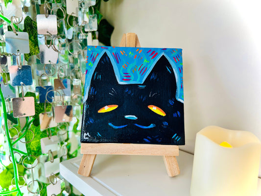 Funny Black Cat Handmade Mini Canvas Painting | Trippy & Funky Colors Art for Apartment Decor