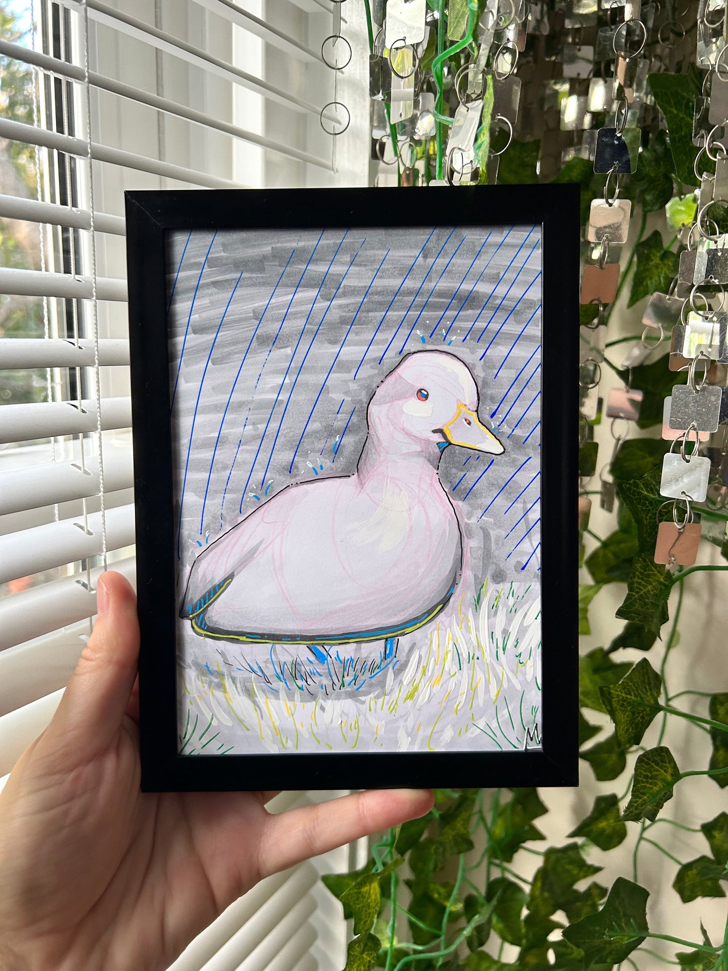 Adorable Monochromatic Duck: Framed 5x7 inch Copic Marker Original Drawing - Cute Home Decor