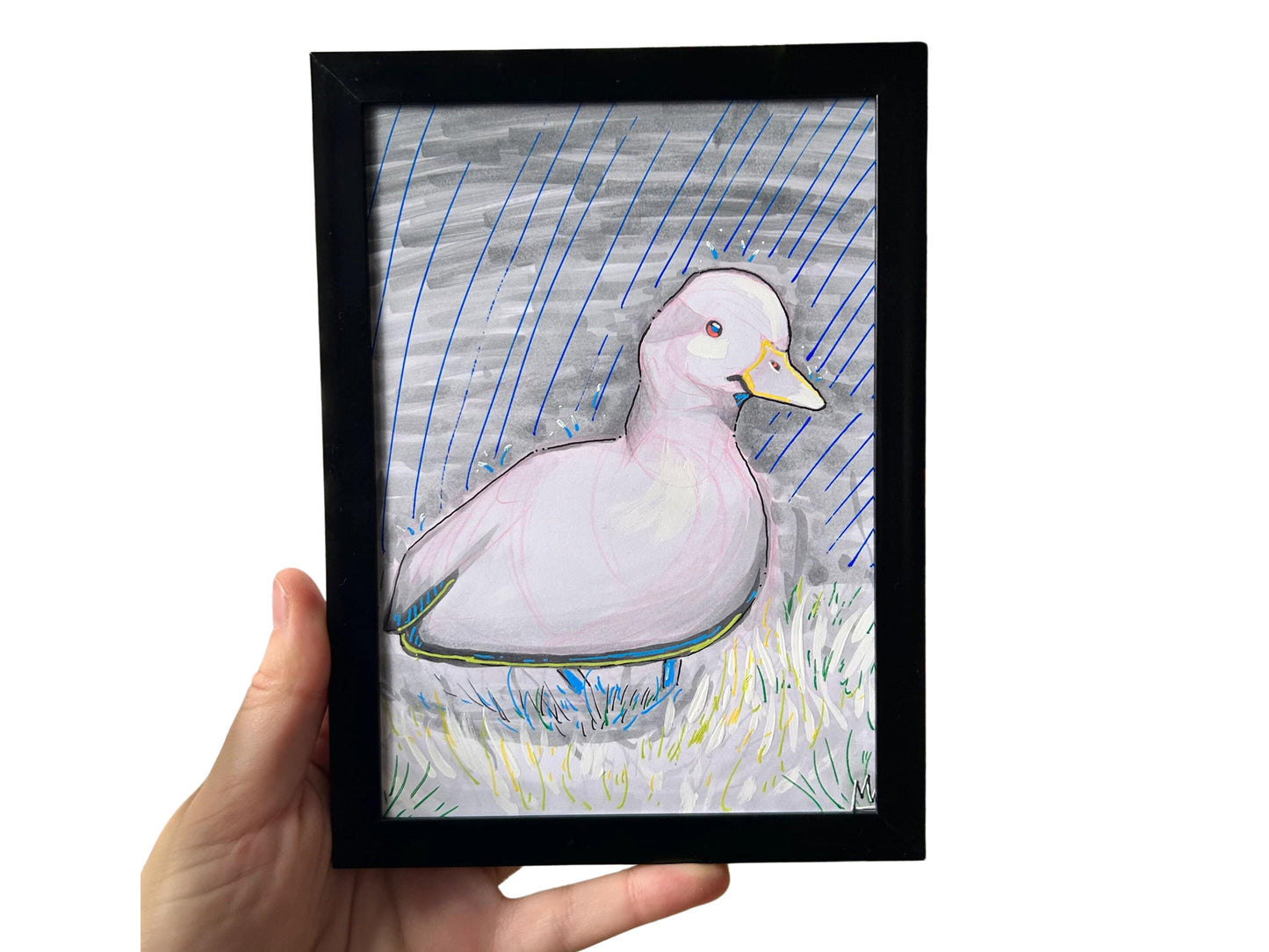 Adorable Monochromatic Duck: Framed 5x7 inch Copic Marker Original Drawing - Cute Home Decor