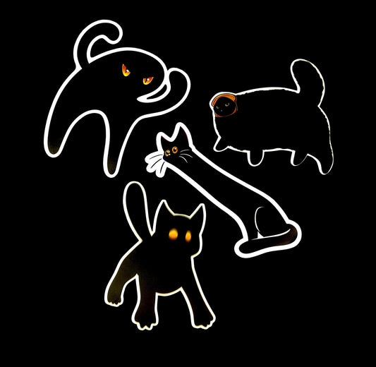 Black Cat Stickers Pack: Cursed Cat, Long-boye Cat, Blurry Void Cat, Cat with Bread on its Head - 3.5 inch Vinyl Greeble Stickers