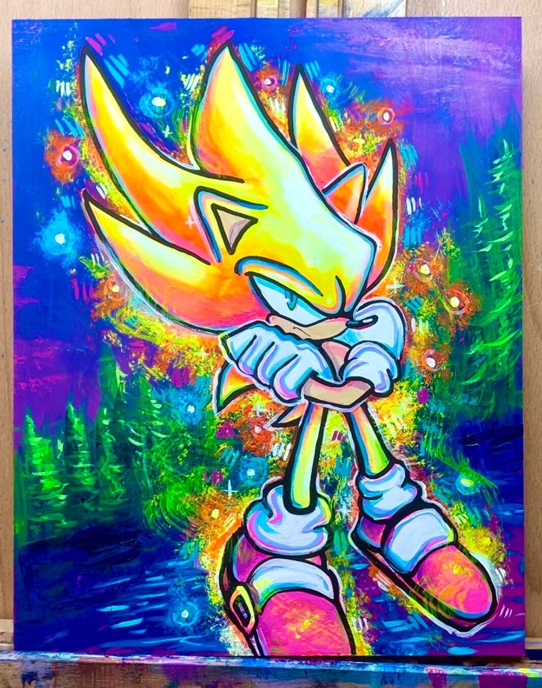 8x10 inch Super Sanic Original Acrylic Painting - Videogame Decor, Gift for Gamers